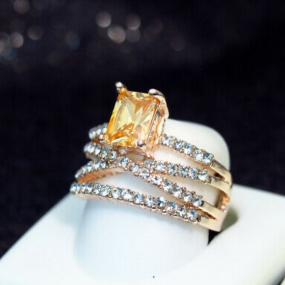 Emerald Cut Citrine and Diamond Triple Band Ring - Picture 3 of 8